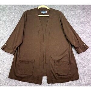 Karen Scott 1X Brown Open Front Cardigan 3/4 Sleeve Pockets Knit Sweater Jacket
